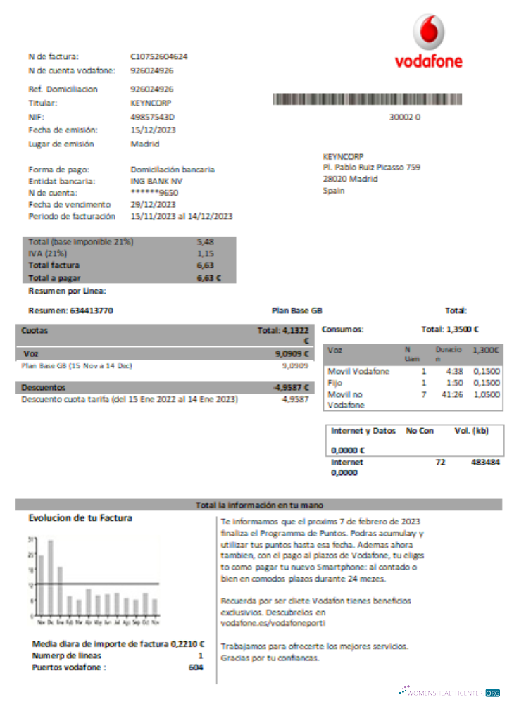 Download Vodafone telecommunications utility business bill, Word and PDF template SCR Photoshop template